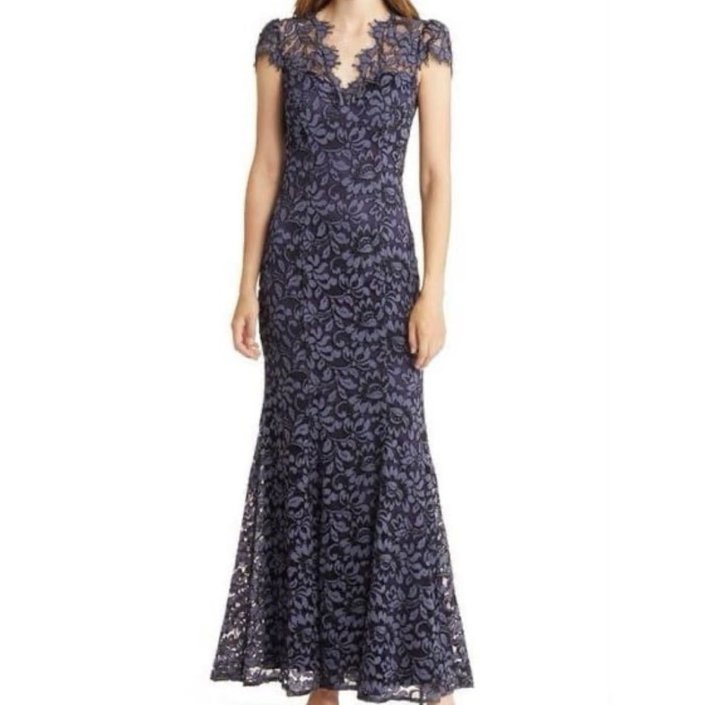 Eliza J Floral Embroidered Illusion Cap Sleeve Navy Blue Gown